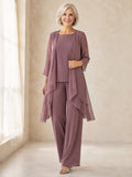 Vintage Mauve Romantic Layered Chiffon Duster Three-Piece Mother of the Bride Pantsuit front view