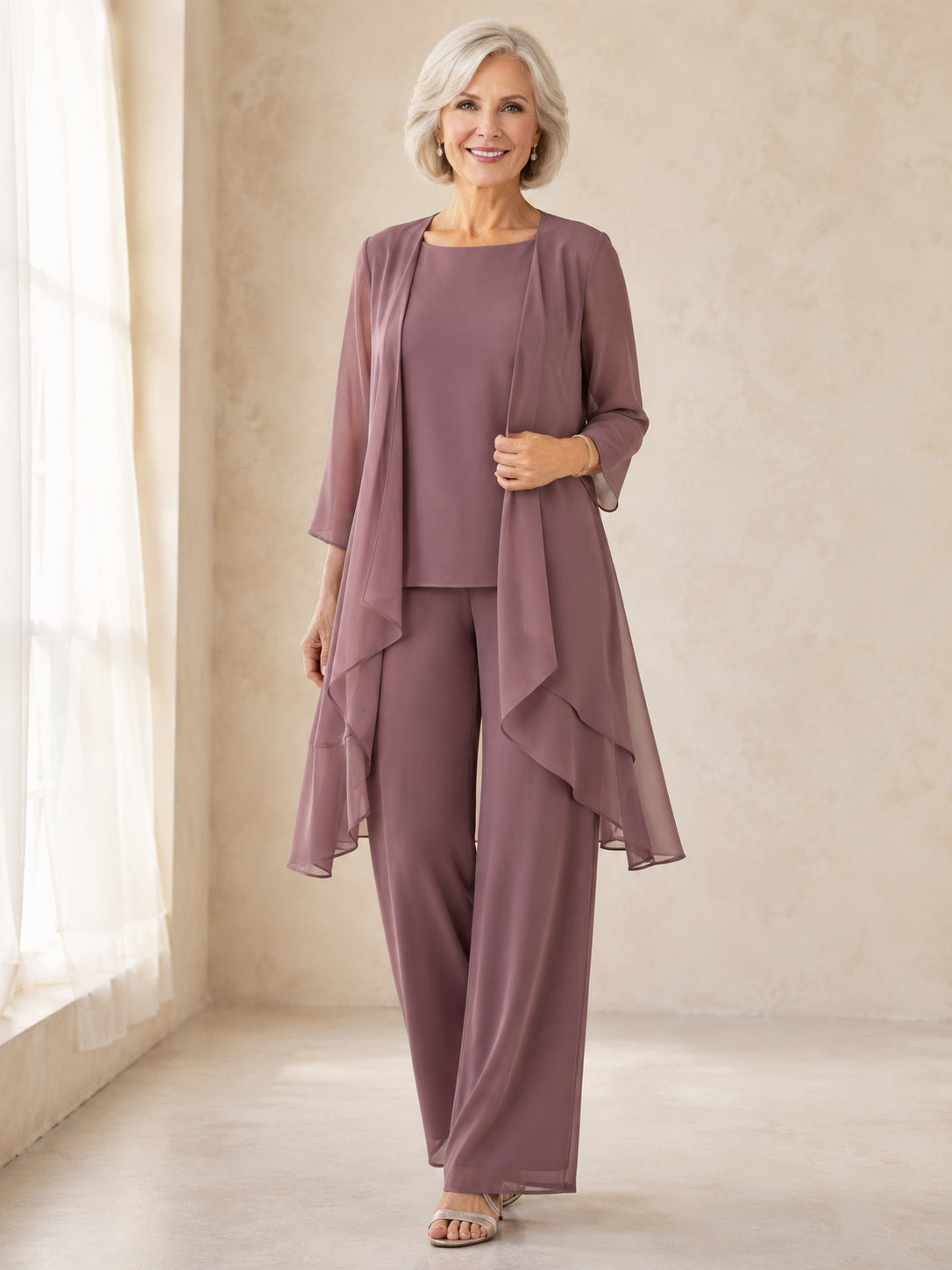 Vintage Mauve Romantic Layered Chiffon Duster Three-Piece Mother of the Bride Pantsuit front view