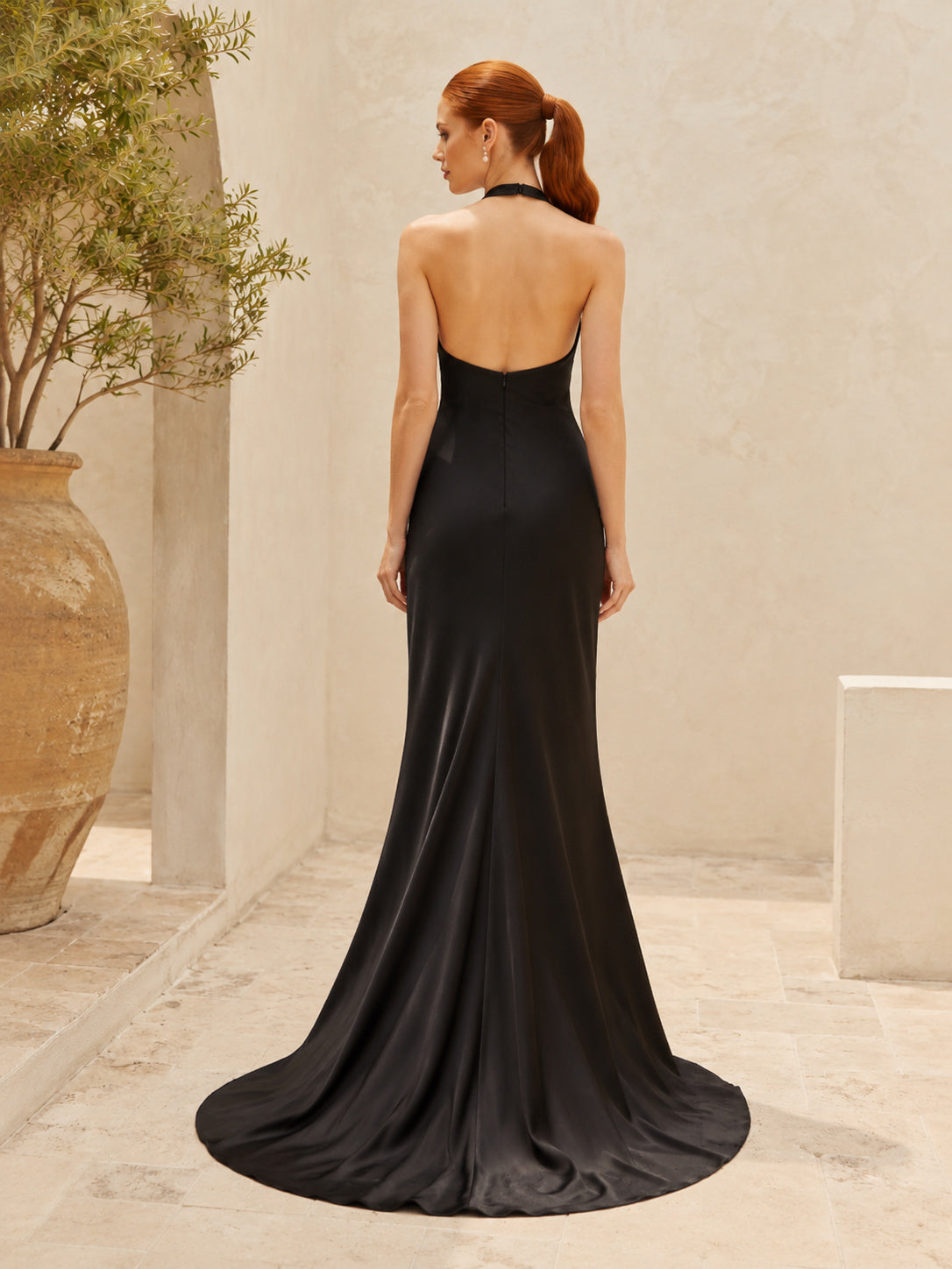 Black High Neck Halter Backless Satin Sheath Destination Wedding Gown back view