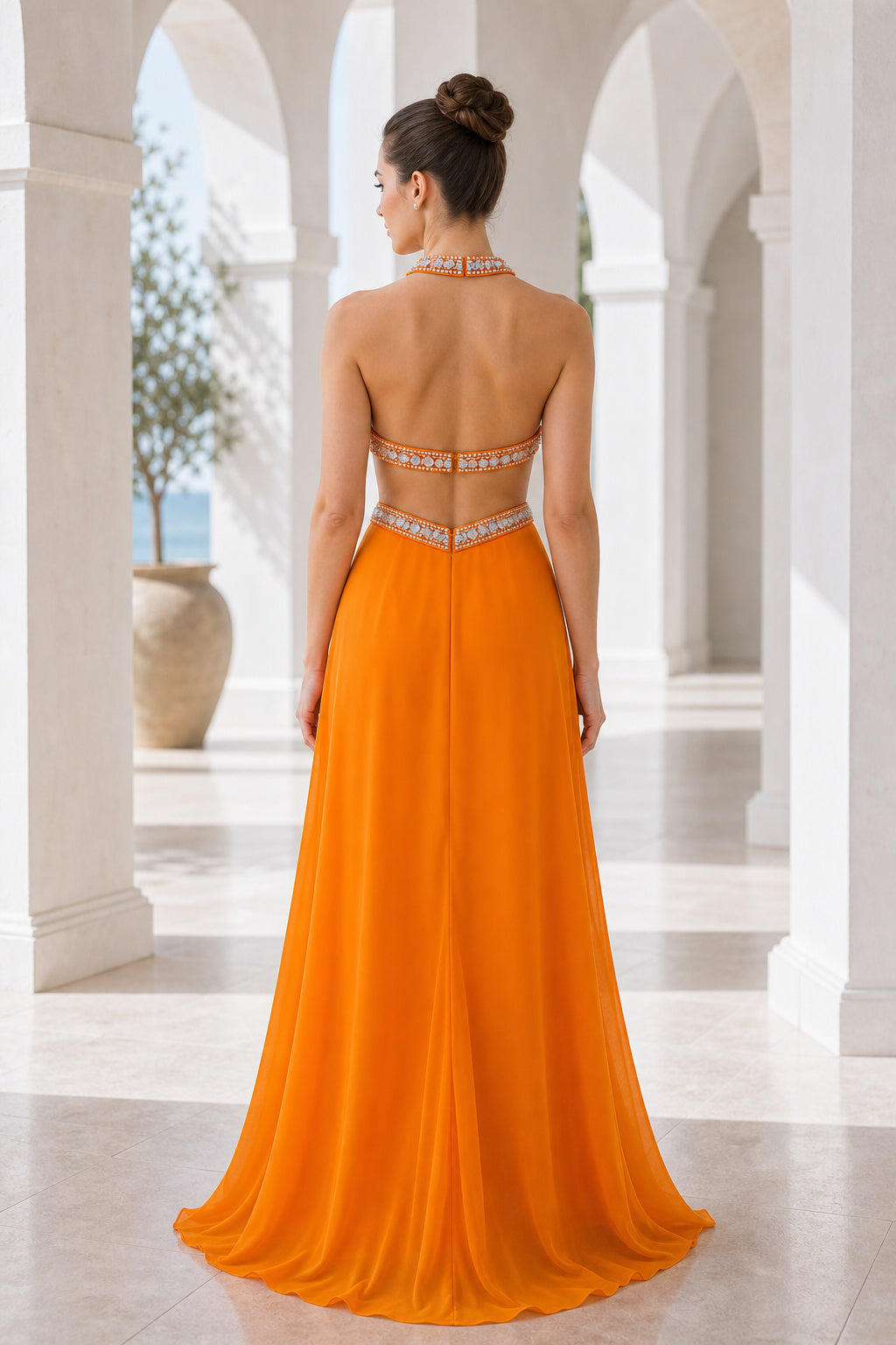 Orange Halter A-Line Chiffon Floor-Length Dress With Beaded Waist