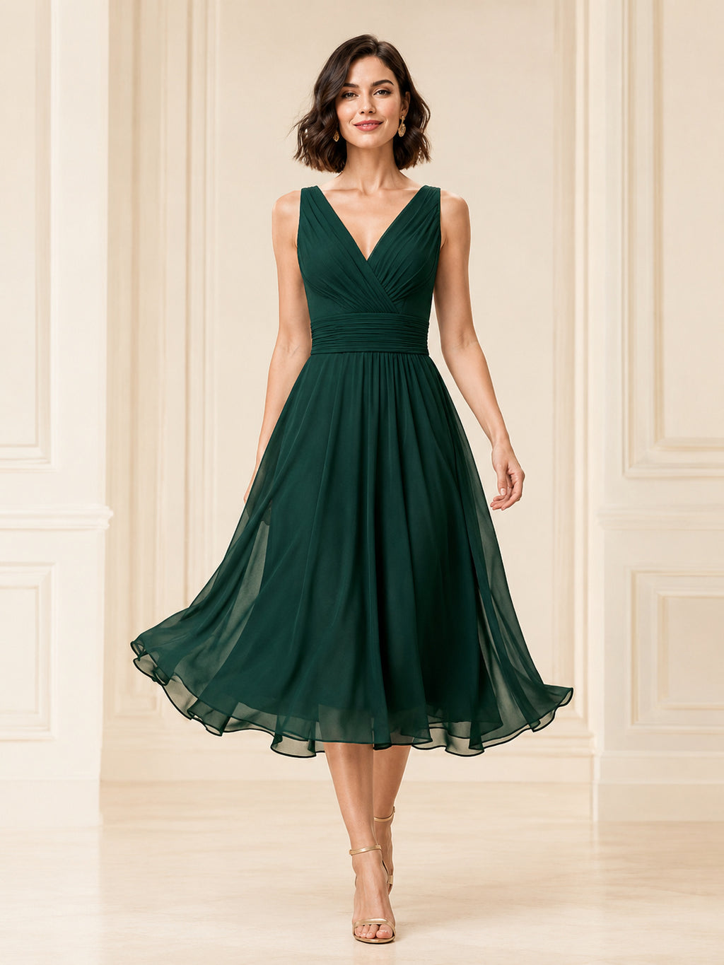 Dark Green V-Neck Chiffon Tea Cocktail Dress front view