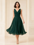 Dark Green V-Neck Chiffon Tea Cocktail Dress front view