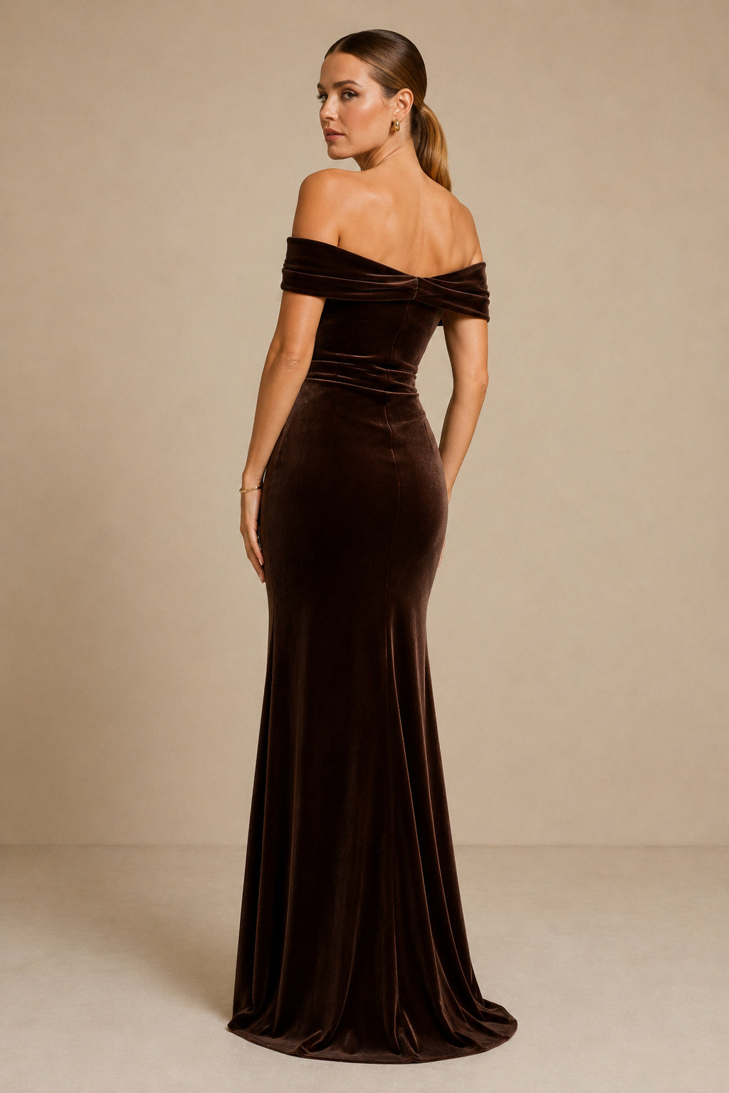 Chocolate Velvet Off-the-Shoulder Mermaid Evening Dress with Side Split back view