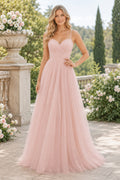 Blush Spaghetti Strap Sweetheart Tulle A-Line Bridesmaid Dress with Pleated Bodice front view