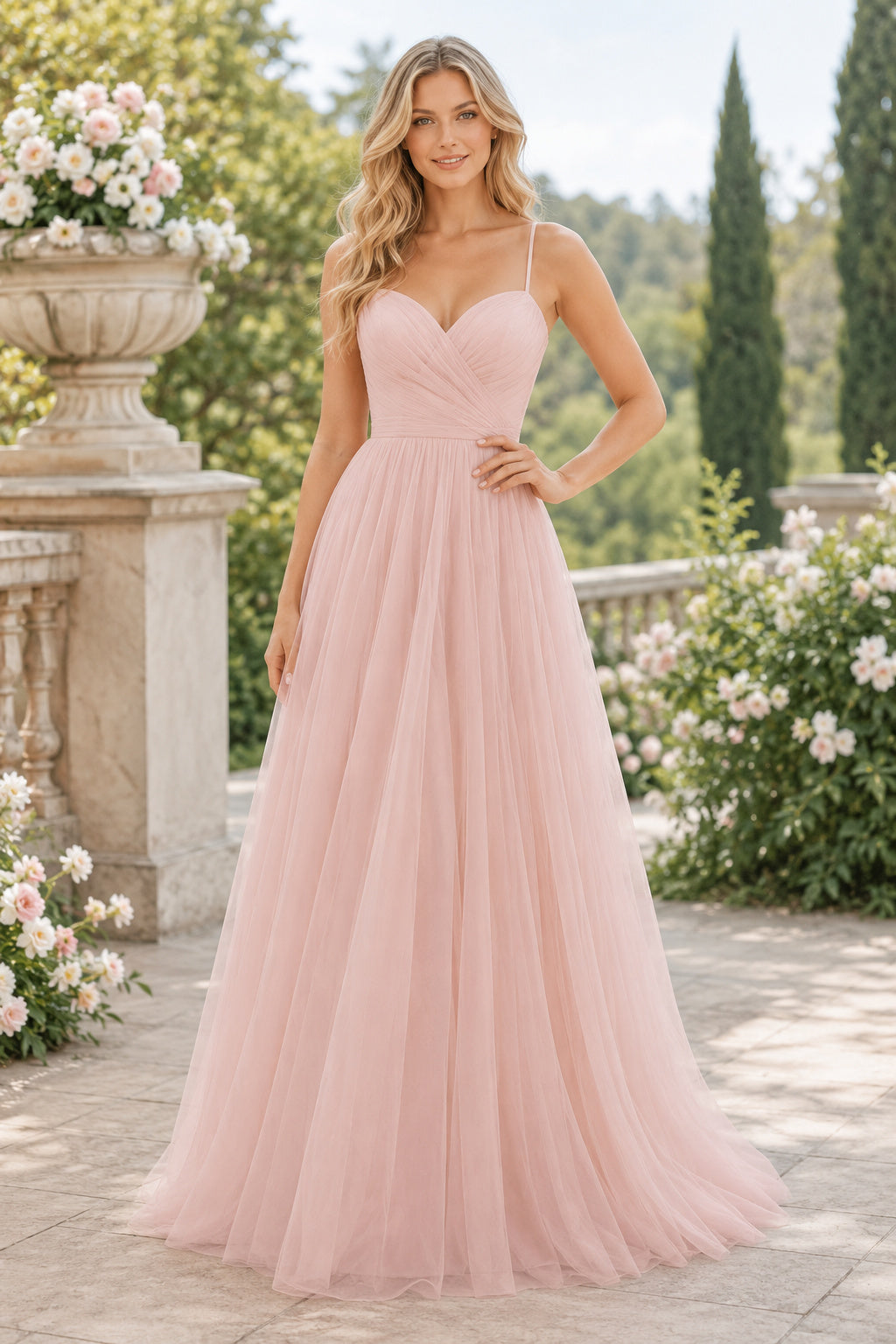 Blush Spaghetti Strap Sweetheart Tulle A-Line Bridesmaid Dress with Pleated Bodice front view