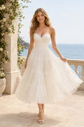 Ivory Strapless Sweetheart Tulle Tea Length Wedding Dress for Wedding Reception and Party Style MG_701003 front view