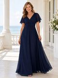 Dark Navy Modest Floor-Length A-Line Mother of the Bride Chiffon Gown with V-Neck Empire Waist and Split Flutter Sleeves fron