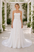 White Strapless A-Line Satin Floor-length Wedding Dress With Pleats and Train
