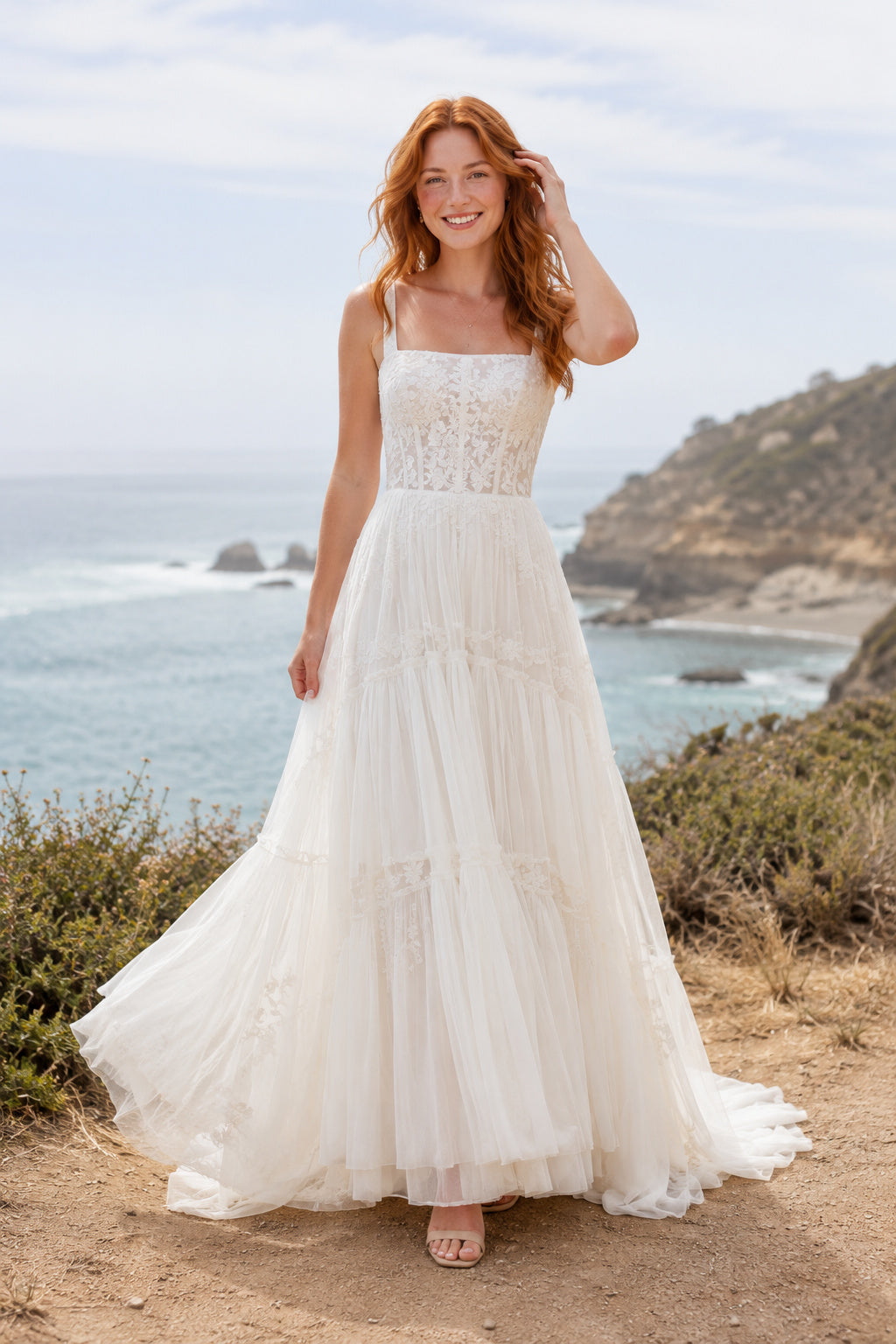 Square Neck Strap A-Line Wedding Dress with Tiered Tulle Skirt and Sweep Train for Beach Garden Ceremony front view