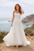 Square Neck Strap A-Line Wedding Dress with Tiered Tulle Skirt and Sweep Train for Beach Garden Ceremony front view
