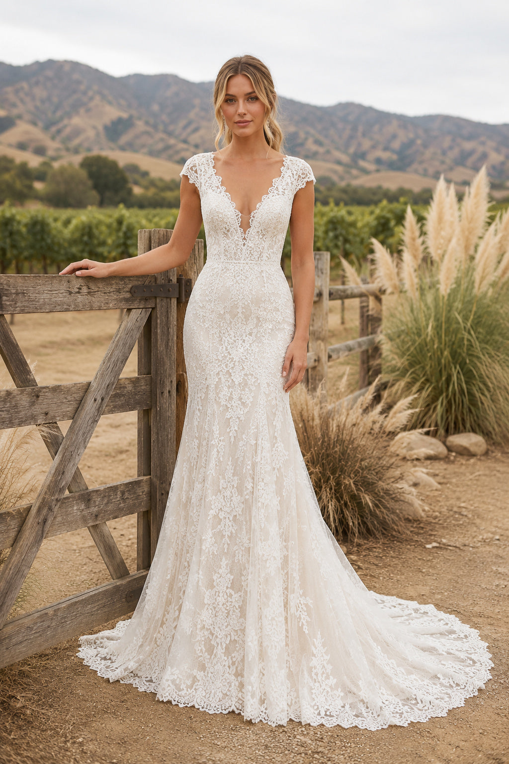 White V-Neck Sleeveless Lace Mermaid Wedding Dress with Low V Back and Scalloped Train front view