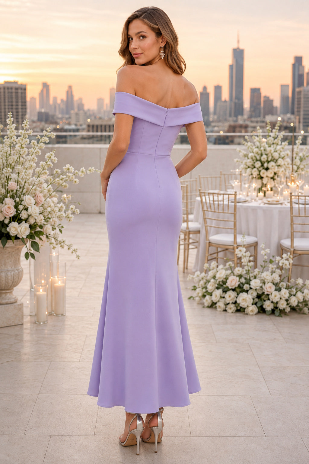 Lavender Off-the-Shoulder Mermaid Tea-Length Dress back view