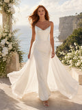 Modern Destination Cowl Spaghetti Strap Satin Sheath Chiffon Overskirt Sweep Train Wedding Gown front view