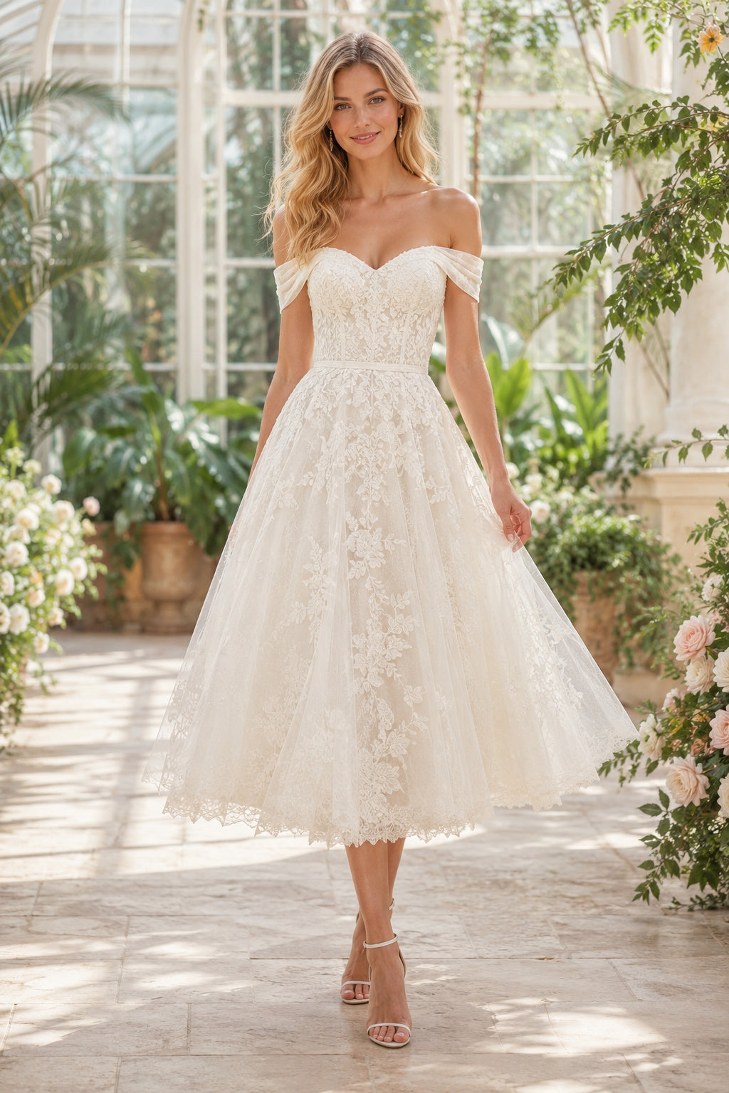Ivory Off Shoulder Lace Tulle Tea Length Wedding Dress for Wedding Reception and Party Style MG_700990 front view