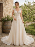 Country Chiffon Wedding Dress A-Line V-Neck Cap Sleeve Floor Length Low V Back Bridal Gown front view