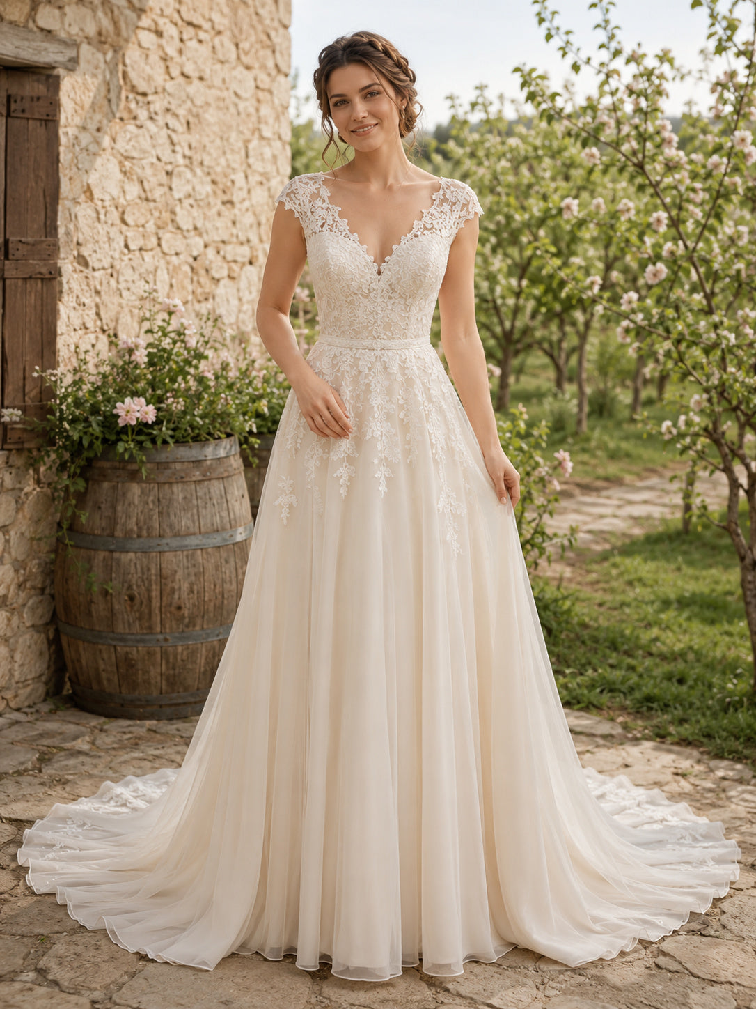 Country Chiffon Wedding Dress A-Line V-Neck Cap Sleeve Floor Length Low V Back Bridal Gown front view