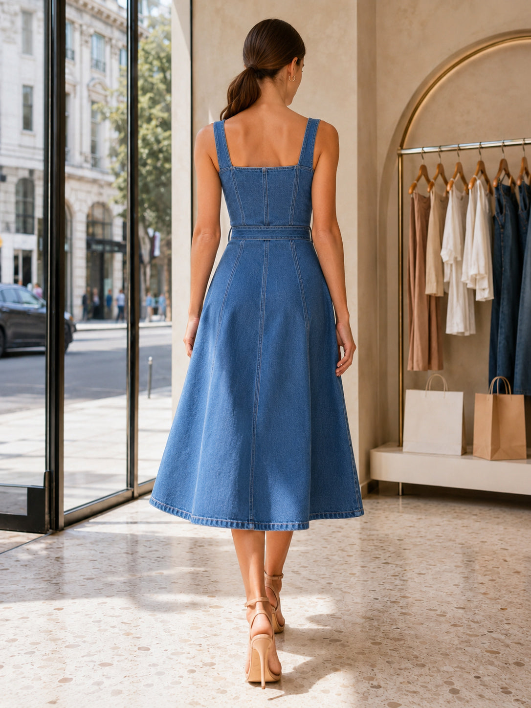 Medium Denim Belted Square Neck Pop Up Midi Dress back view