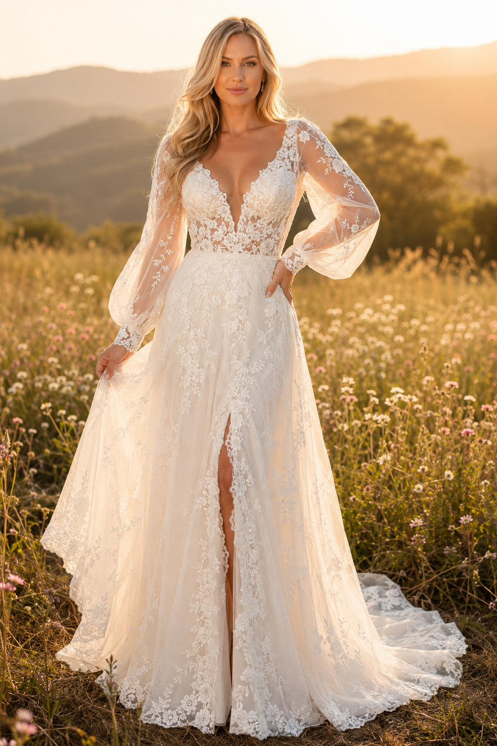 Ivory Long Bell Sleeve V-Neck Lace A-Line Wedding Dress Split Train for Wedding Ceremony and Reception front view