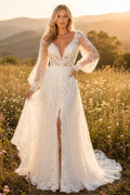 Ivory Long Bell Sleeve V-Neck Lace A-Line Wedding Dress Split Train for Wedding Ceremony and Reception front view