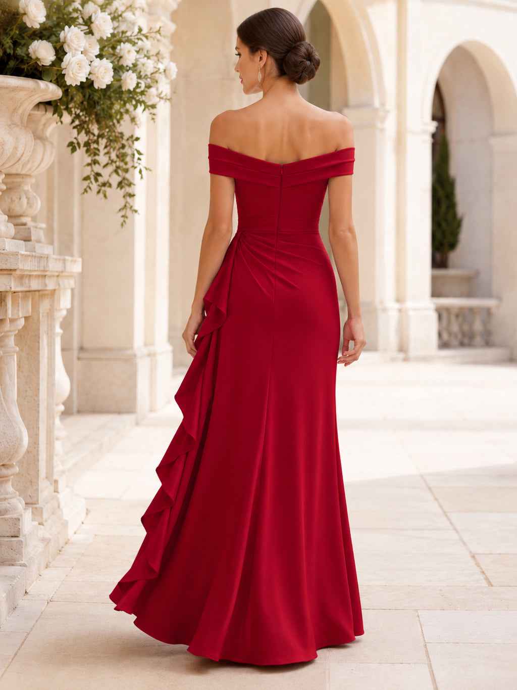Red Off-the-shoulder Waterfall Ruffle Evening Gown back view