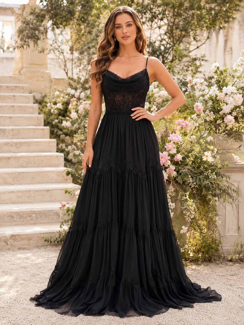 Black Spaghetti Strap Chiffon A-Line Outdoor Wedding Dress front view