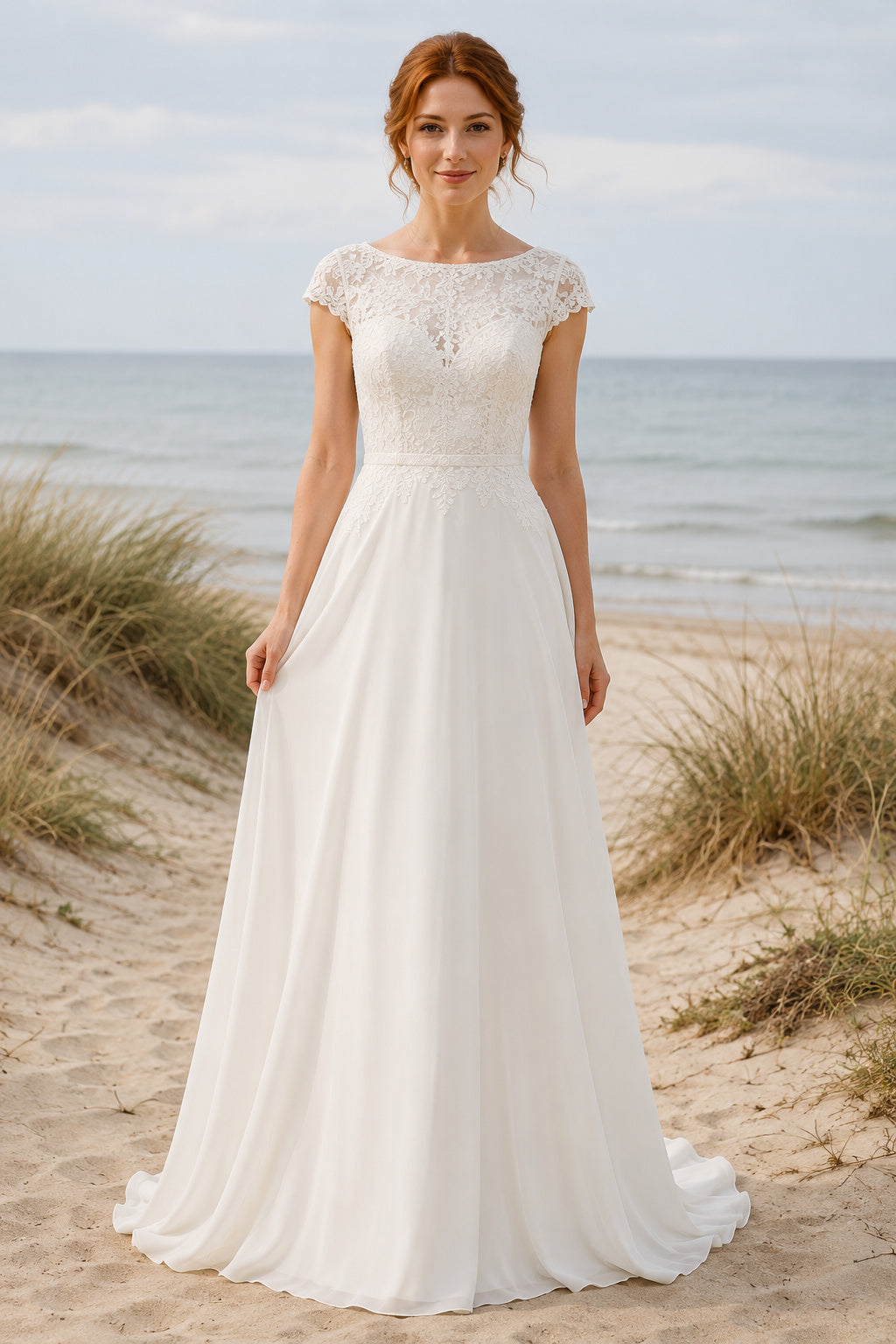 Ivory Simple Bateau Neck A-Line Chiffon Lace Wedding Dress with Cap Sleeves and Sweep Train front view