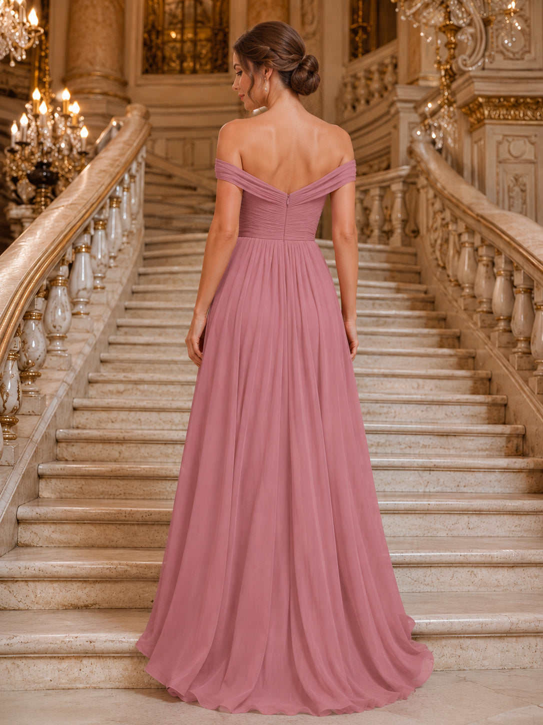 Opera Evening Formal Dusty Rose Romantic Elegant A-Line Chiffon Bridesmaid Dress with Off Shoulder Sweetheart Short Sleeve Fl