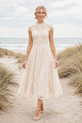 Ivory Modest High Neck Tea-Length A-Line Tea Length Lace Wedding Dress with Cap Lace Sleeves and Tea-Length Hem front view