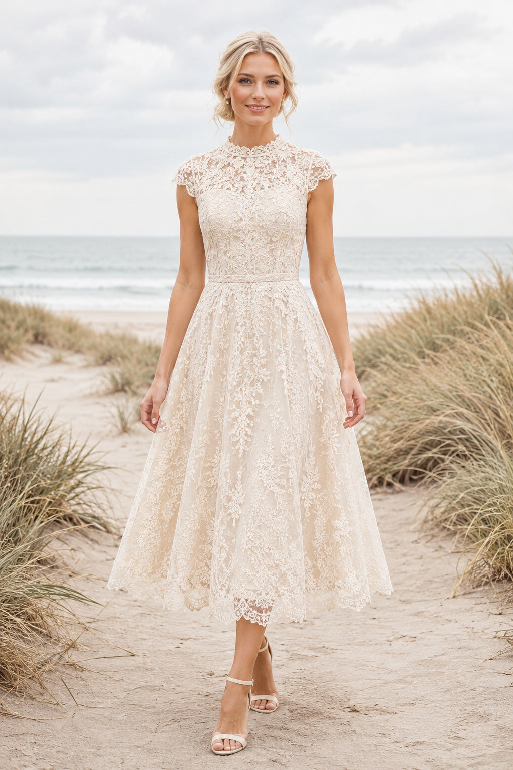 Ivory Modest High Neck Tea-Length A-Line Tea Length Lace Wedding Dress with Cap Lace Sleeves and Tea-Length Hem front view