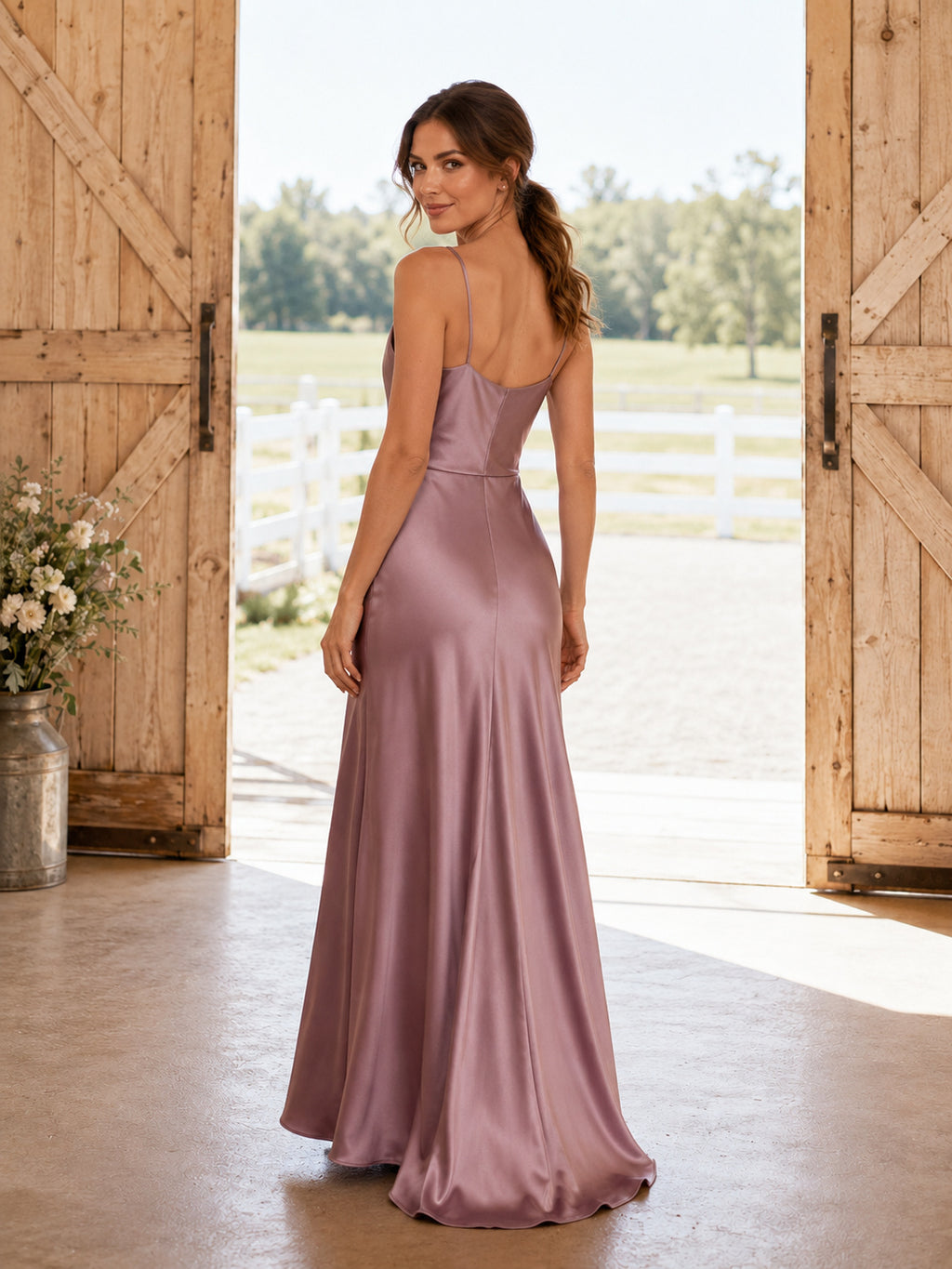 Mauve Satin Sheath Cowl Neck Spaghetti Strap Draped Low Back Floor-Length Bridesmaid Dress back view
