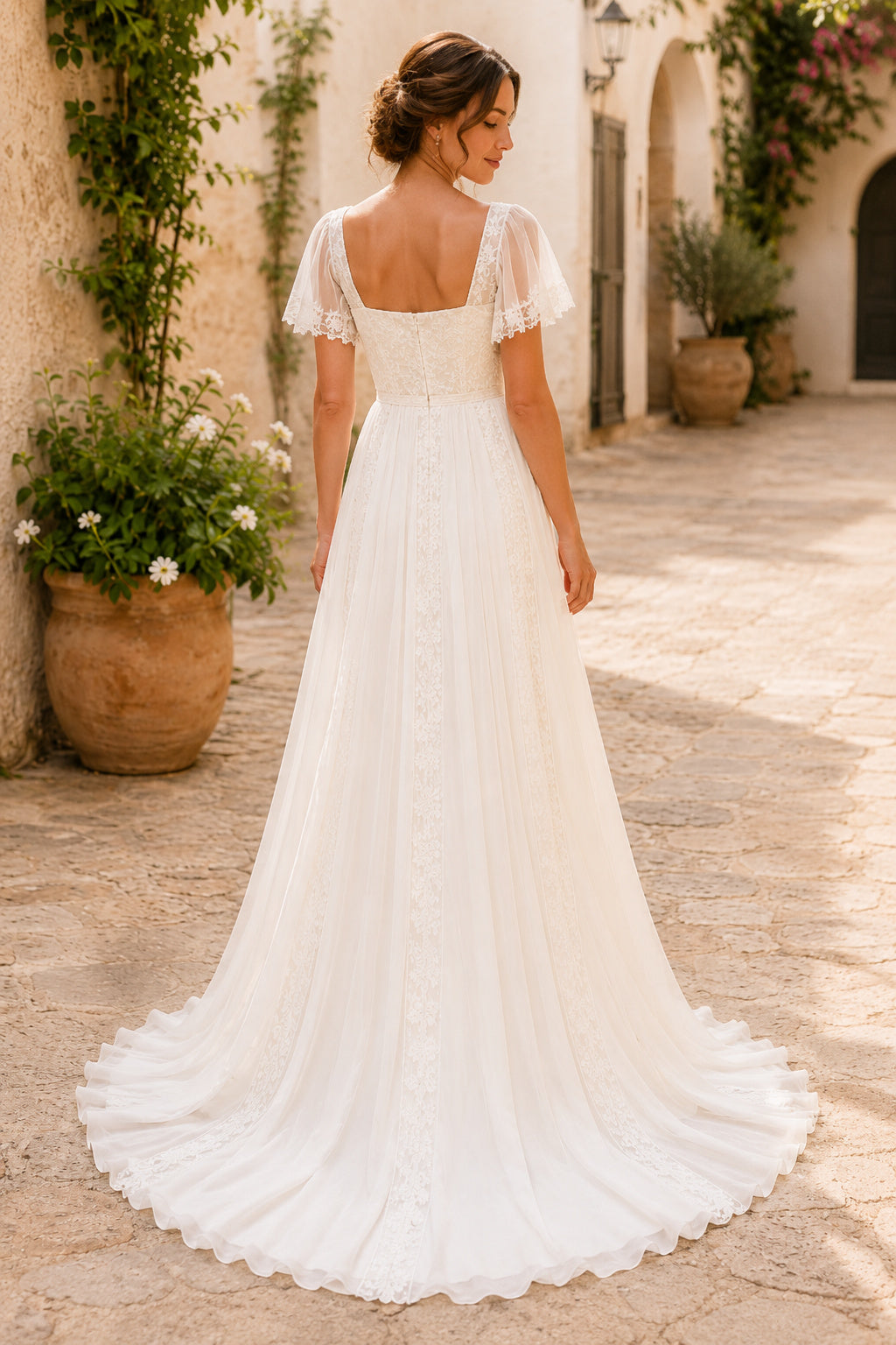 Square Neck Flutter Sleeve A-Line Wedding Dress with Soft Tulle Skirt and Train for Beach Garden Ceremony back view
