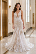 White Square A-Line Lace Floor-length Wedding Dress With Lace and Sweep Train and Open Back Lace Hem Detail