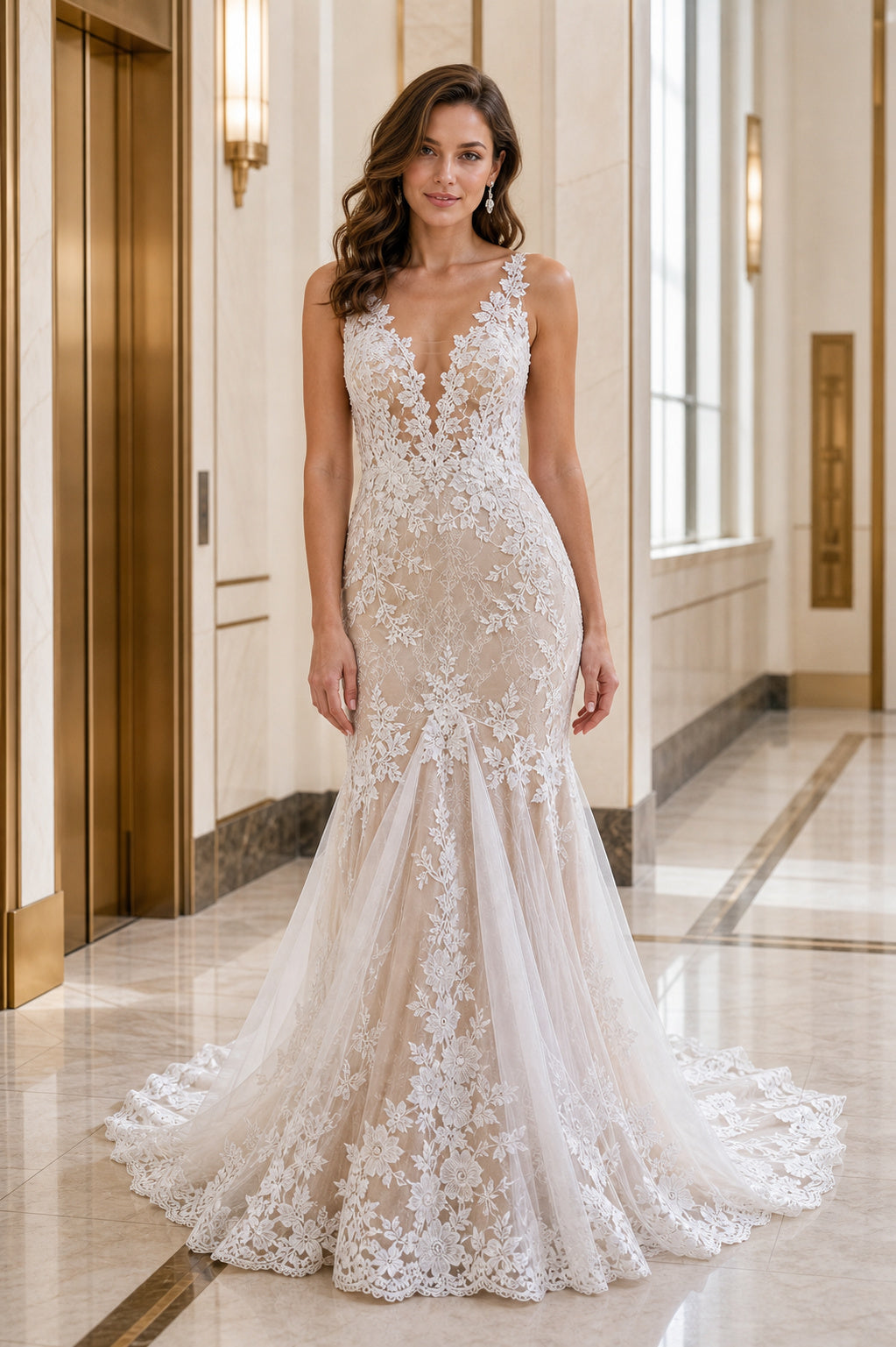 White Square A-Line Lace Floor-length Wedding Dress With Lace and Sweep Train and Open Back Lace Hem Detail