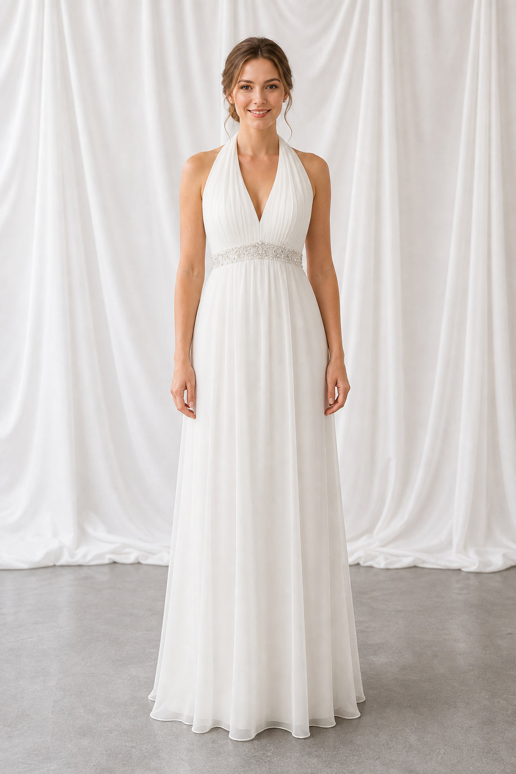 Ivory Halter A-Line Chiffon Floor-Length Dress With Open Back
