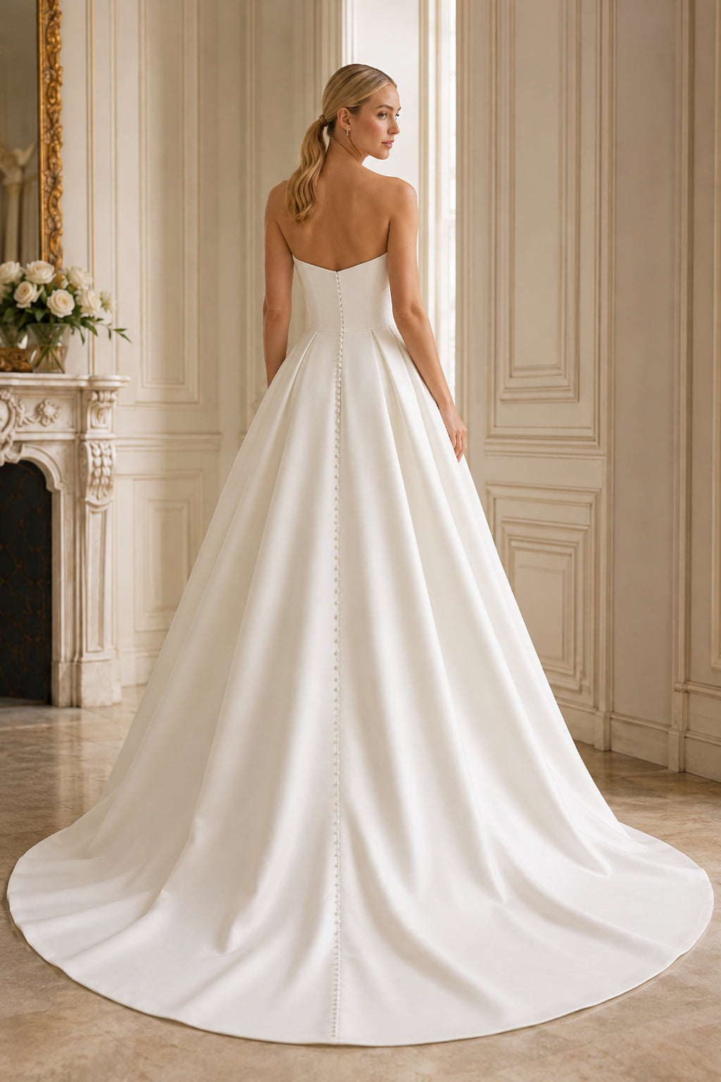 Wedding Ball Gown Satin Dress with Strapless Neckline and Chapel Train Style 720801 back view