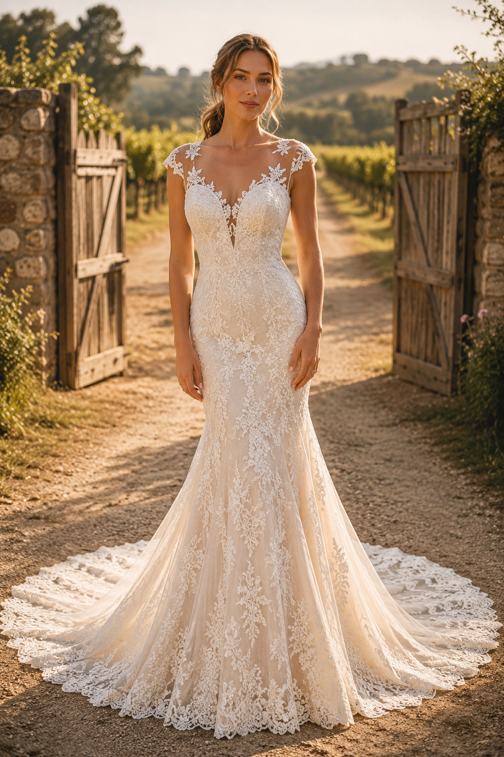 Illusion Lace Mermaid Wedding Dress with Bateau Neckline and Sweep Train for Rustic Garden Ceremony front view
