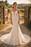 Illusion Lace Mermaid Wedding Dress with Bateau Neckline and Sweep Train for Rustic Garden Ceremony front view