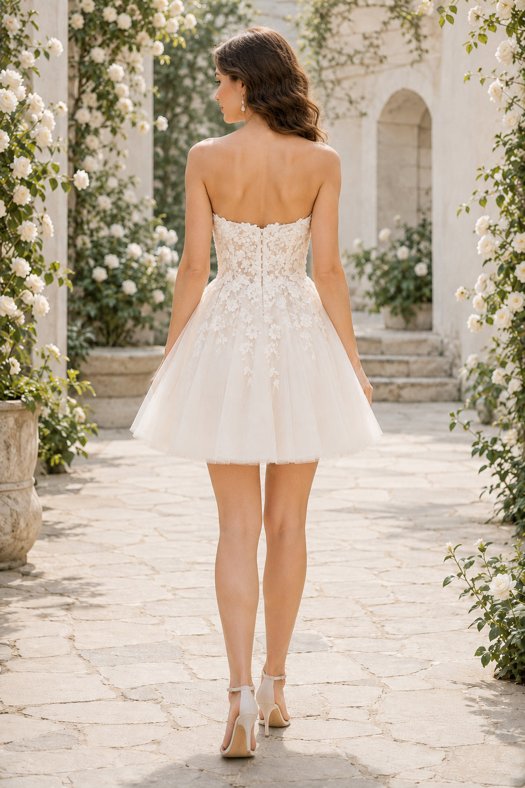 Ivory Strapless Sweetheart Lace Tulle Short Wedding Dress back view