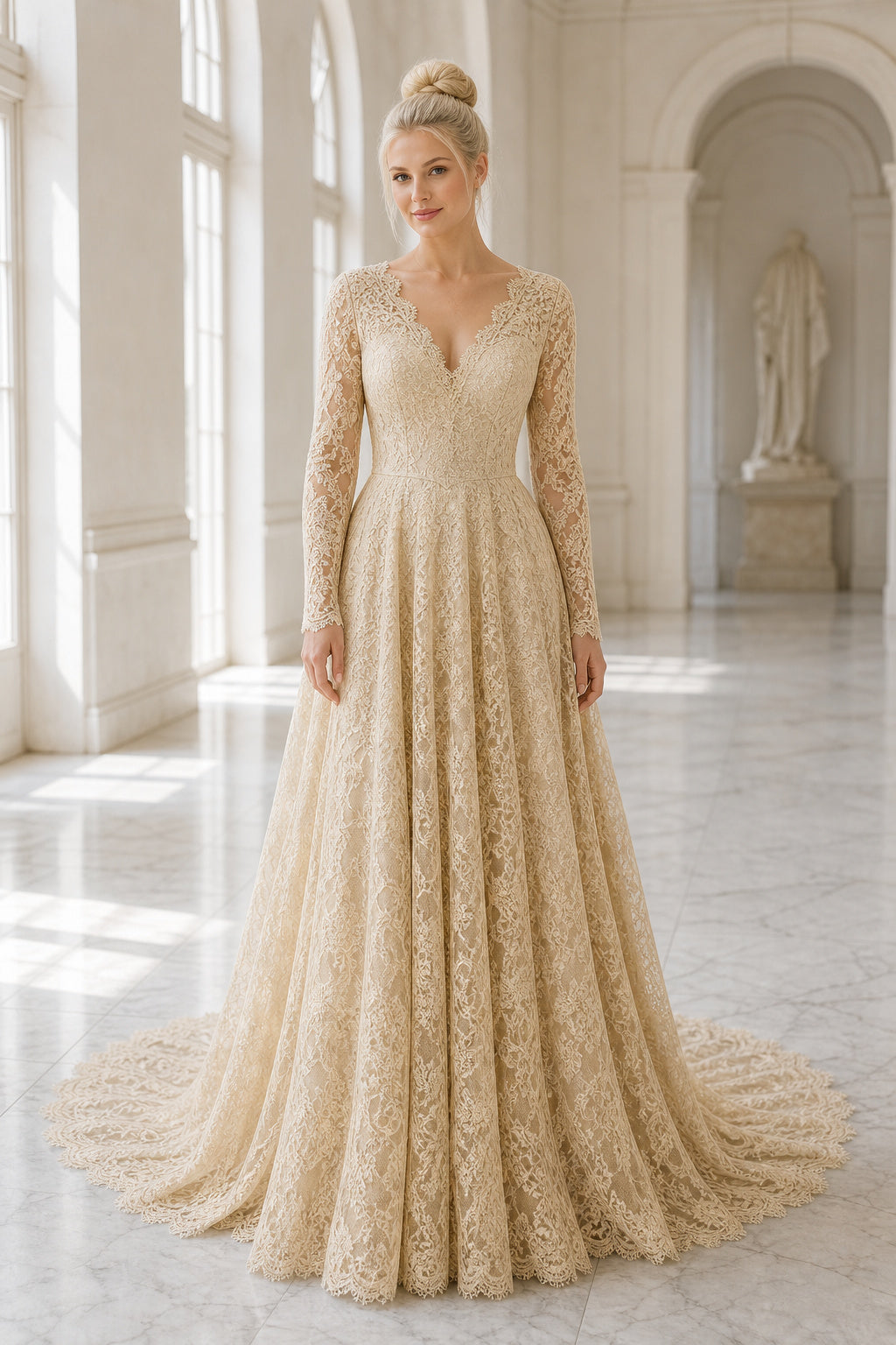 Gold Jewel Long Sleeves A-Line Lace Floor-length Formal Dress With Lace and Train and Open Back