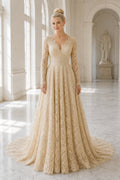Gold Jewel Long Sleeves A-Line Lace Floor-length Formal Dress With Lace and Train and Open Back