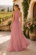 Mauve One-Shoulder Chiffon A-Line Dress with Slit back view