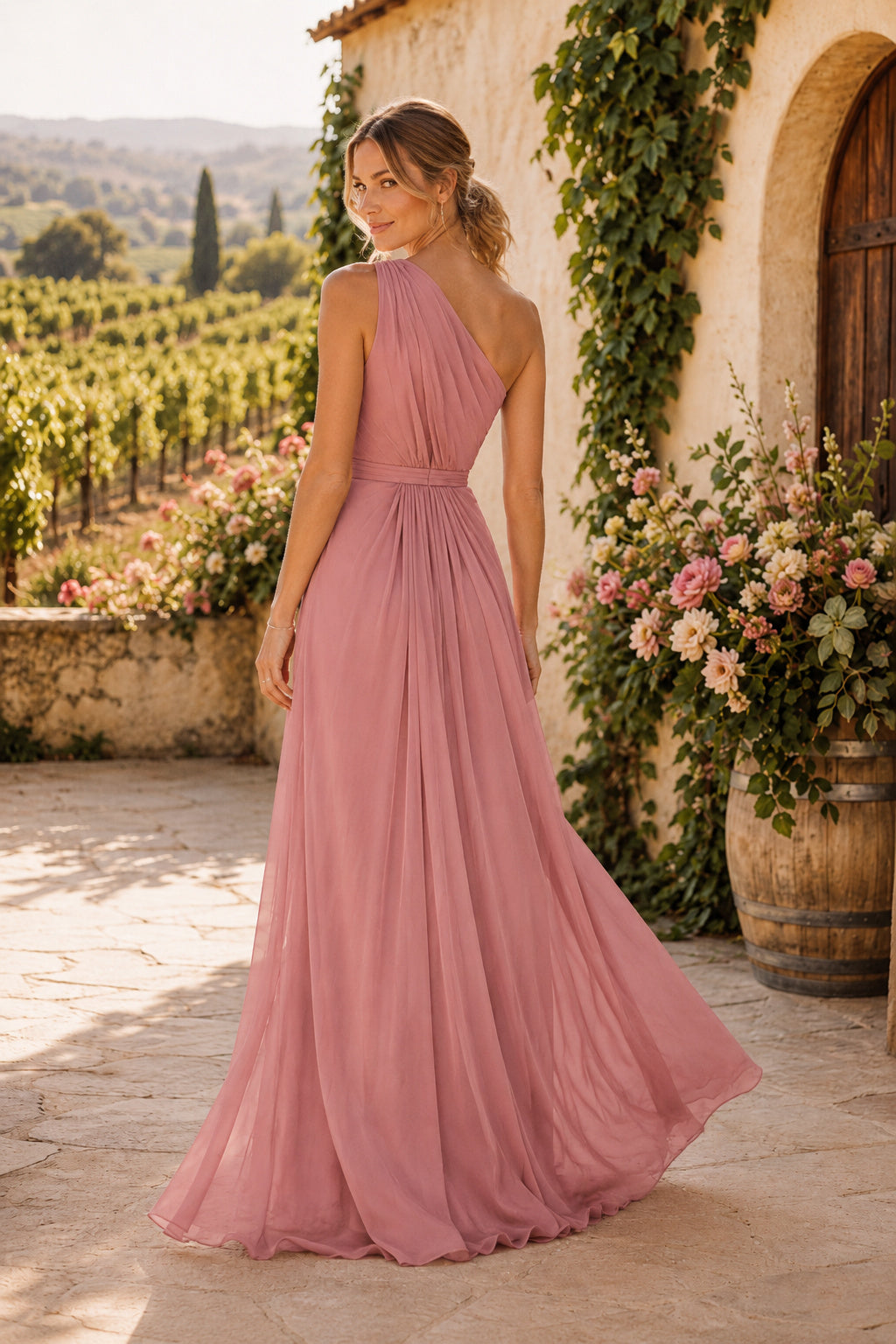 Mauve One-Shoulder Chiffon A-Line Dress with Slit back view