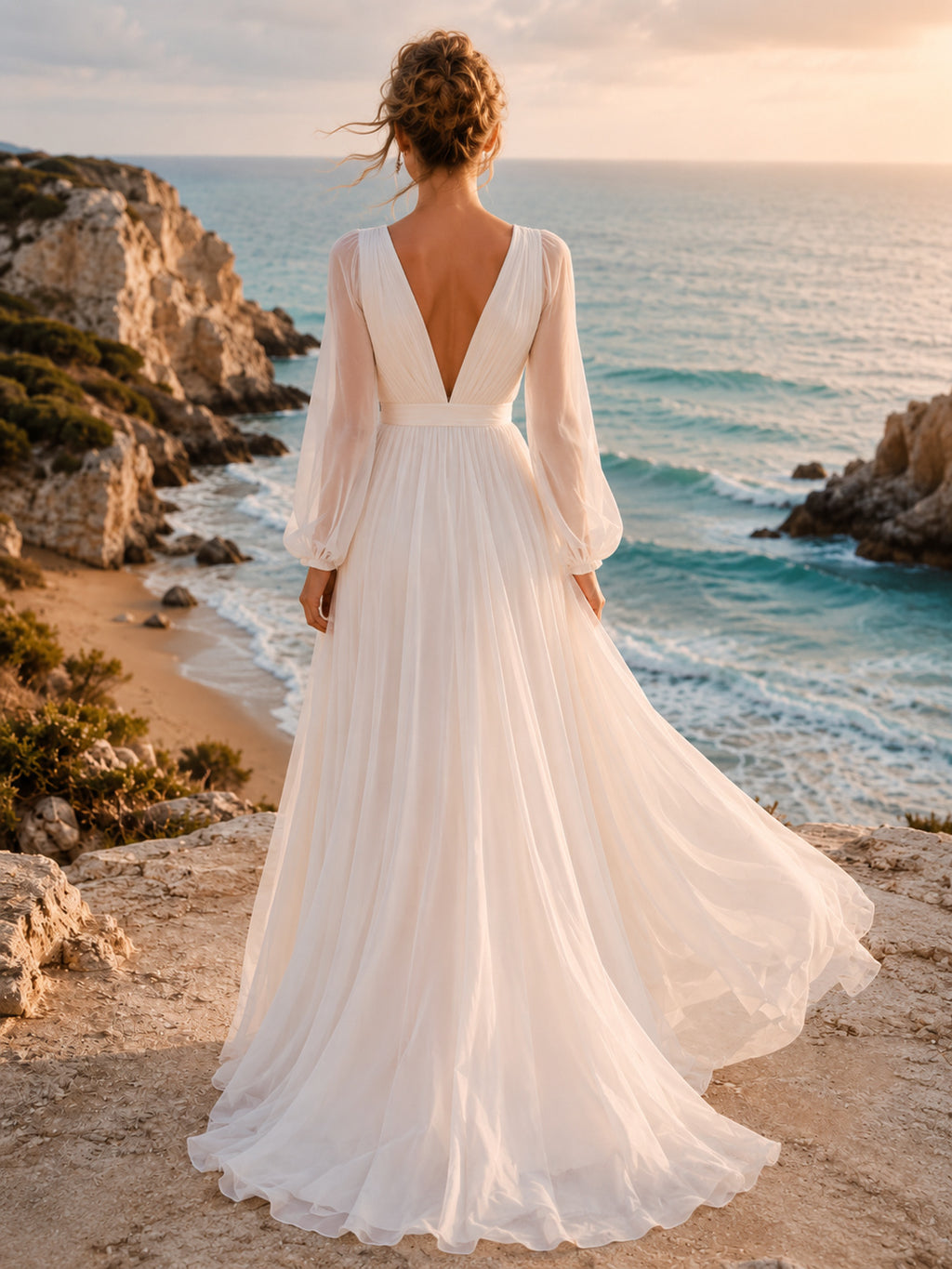 Beach V-Neck Poet Sleeve Chiffon A-Line Wedding Dress back view