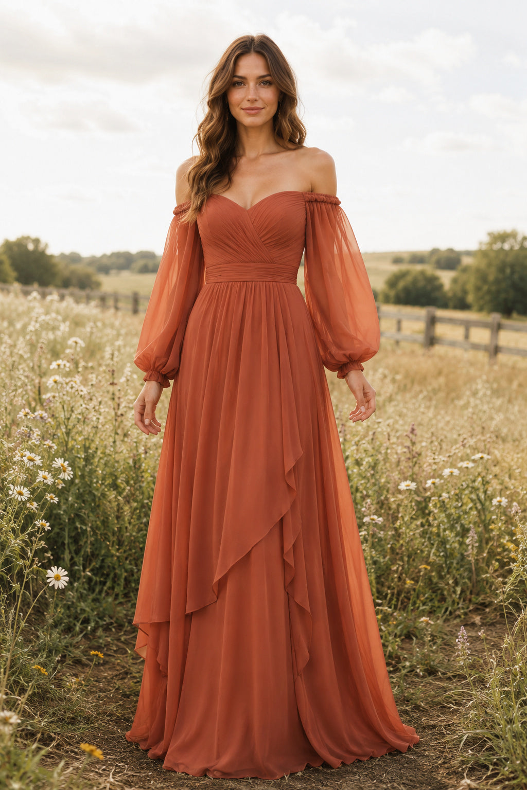 Papaya Off-the-Shoulder Puff Sleeve Chiffon A-Line Bridesmaid Dress with Draped Skirt front view