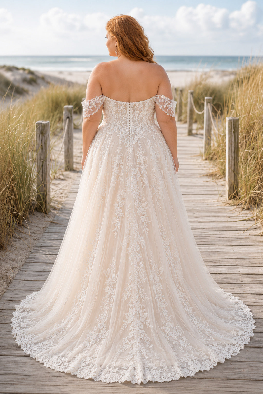 Plus Size Champagne Off-the-Shoulder Flutter Sleeve Lace Tulle A-Line Wedding Dress with Chapel Train back view