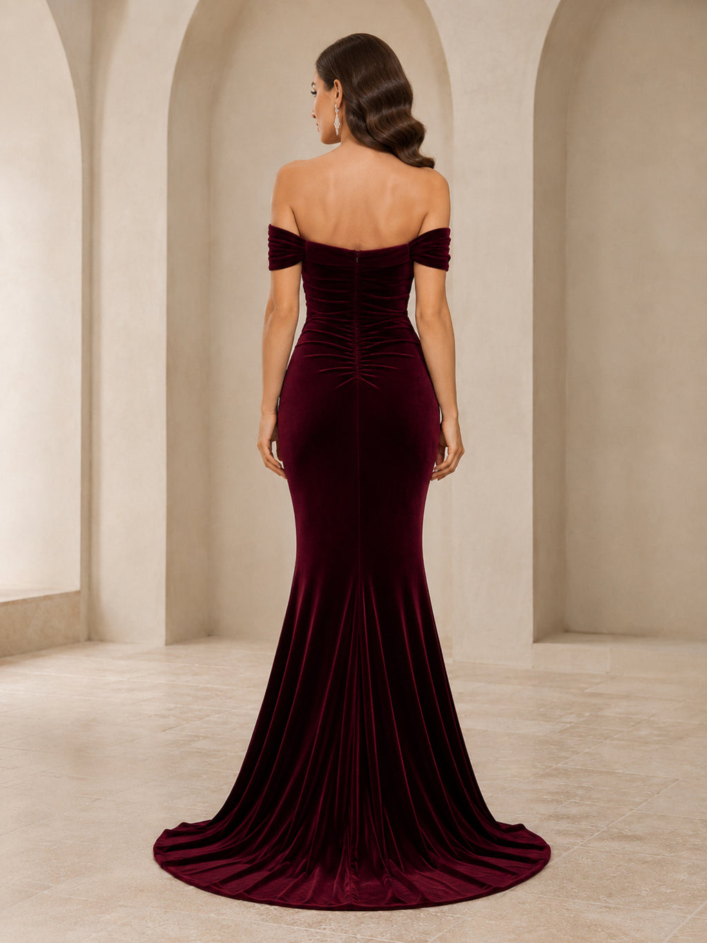 Burgundy Off Shoulder Velvet Mermaid Evening Gown back view