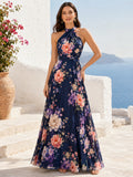 Navy Floral Halter High Neck Chiffon A Line Evening Dress front view