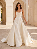 Minimalist Satin Wedding Dress Ball Gown Square Neck Sleeveless Sweep Train Bridal Gown front view