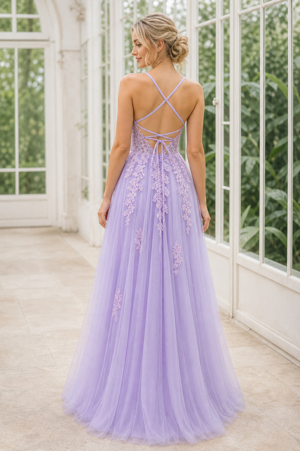 Lavender V-neck Spaghetti Strap A-Line Tulle Floor-Length Dress With Criss-Cross Back