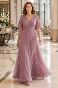 Vintage Mauve V-Neck A-Line Mother Dress with Flutter Sleeves and Beaded Waist front view